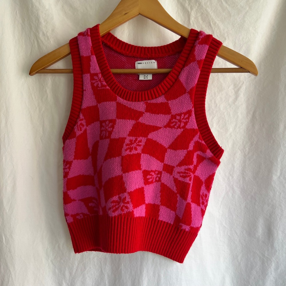 ASOS Design Pink Red Checkerboard Knit Sweater Vest Tank Top US 4